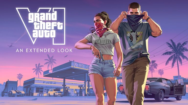 Jason y Lucia, los protagonistas de Grand Theft Auto VI, con pañuelos en la cara frente a una estación de servicio en Leonida